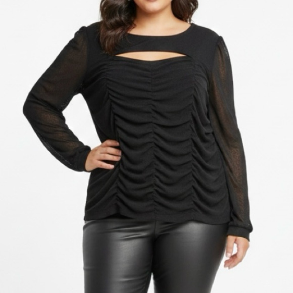 New York & Co Top Ruched Mesh Cutout Black Knit XXL Cocktail Evening Party Chic